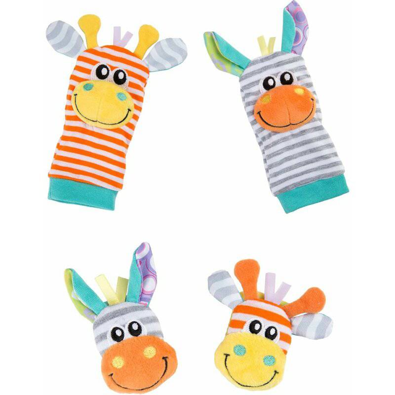 Set jucarii zornaitoare, Playgro, Include sosete interactive si 2 bratari, Inchidere cu velcro, Stimuleaza dezvoltarea senzoriala si tactila, 6 luni+, Jungle Wrist Rattle and Foot Finder - gogobaby.ro