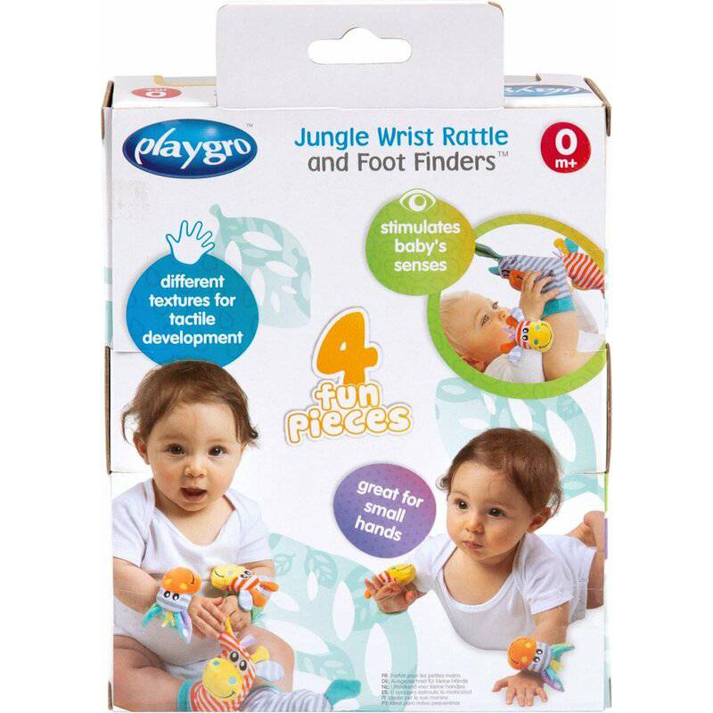 Set jucarii zornaitoare, Playgro, Include sosete interactive si 2 bratari, Inchidere cu velcro, Stimuleaza dezvoltarea senzoriala si tactila, 6 luni+, Jungle Wrist Rattle and Foot Finder - gogobaby.ro