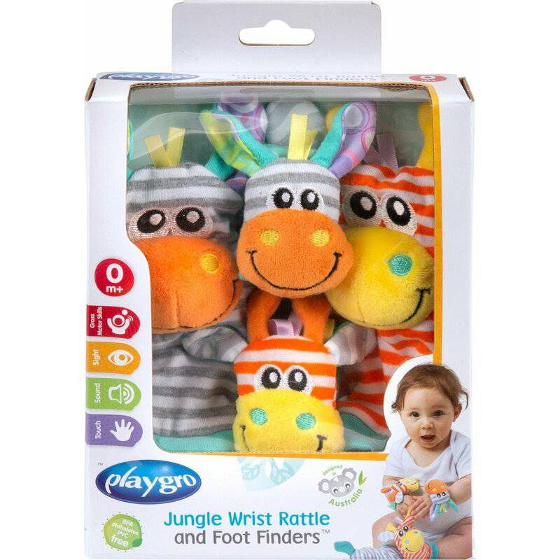 Set jucarii zornaitoare, Playgro, Include sosete interactive si 2 bratari, Inchidere cu velcro, Stimuleaza dezvoltarea senzoriala si tactila, 6 luni+, Jungle Wrist Rattle and Foot Finder - gogobaby.ro