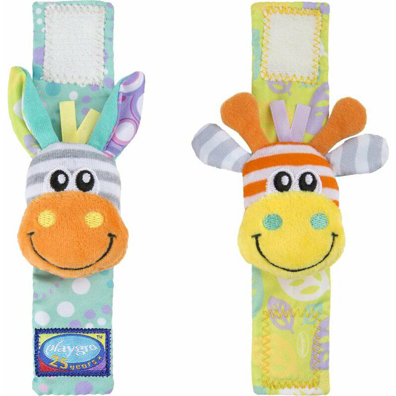 Set jucarii zornaitoare, Playgro, Include sosete interactive si 2 bratari, Inchidere cu velcro, Stimuleaza dezvoltarea senzoriala si tactila, 6 luni+, Jungle Wrist Rattle and Foot Finder - gogobaby.ro