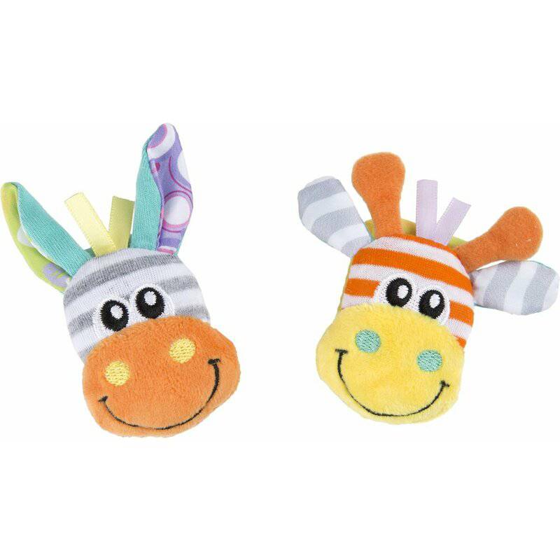 Set jucarii zornaitoare, Playgro, Include sosete interactive si 2 bratari, Inchidere cu velcro, Stimuleaza dezvoltarea senzoriala si tactila, 6 luni+, Jungle Wrist Rattle and Foot Finder - gogobaby.ro