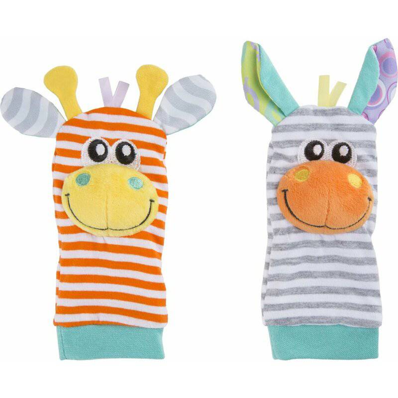 Set jucarii zornaitoare, Playgro, Include sosete interactive si 2 bratari, Inchidere cu velcro, Stimuleaza dezvoltarea senzoriala si tactila, 6 luni+, Jungle Wrist Rattle and Foot Finder - gogobaby.ro