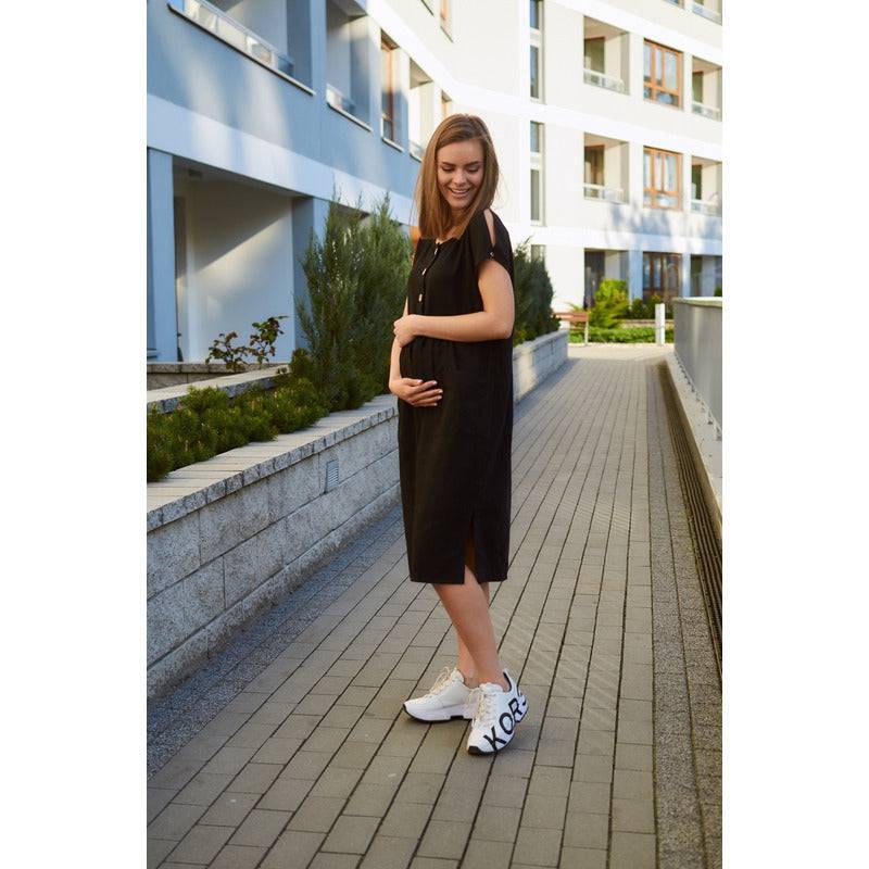 Rochie pentru gravide si pentru alaptare, Qmini, L/XL, Din in si poliester, Confortabila si lejera, Black - gogobaby.ro