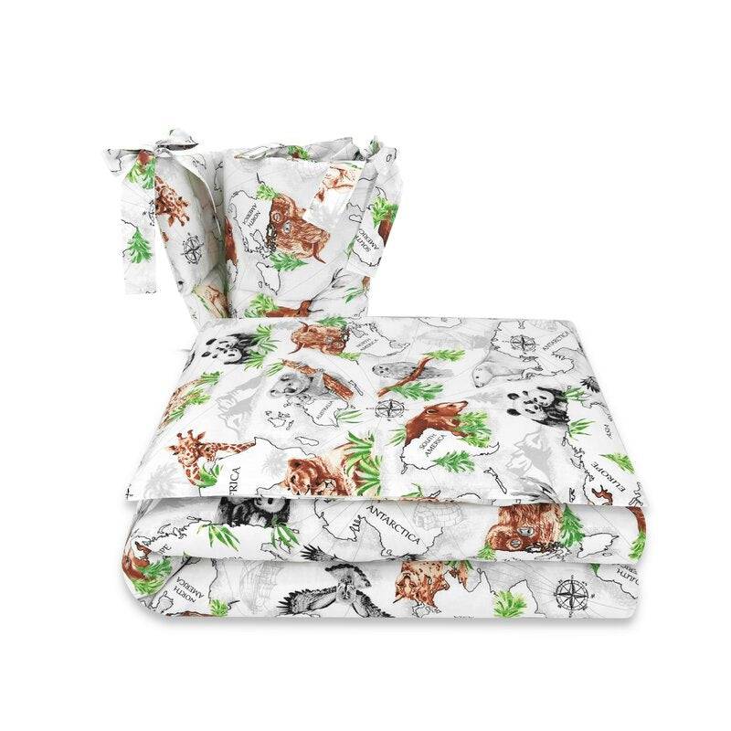 Lenjerie patut 3 piese, Qmini, Pentru patut 120x60 cm, Cu protectie laterala, Din bumbac certificat Oeko Tex Standard 100, The continents - gogobaby.ro