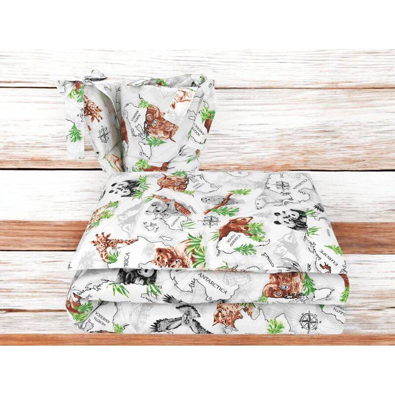 Lenjerie patut 3 piese, Qmini, Pentru patut 120x60 cm, Cu protectie laterala, Din bumbac certificat Oeko Tex Standard 100, The continents - gogobaby.ro