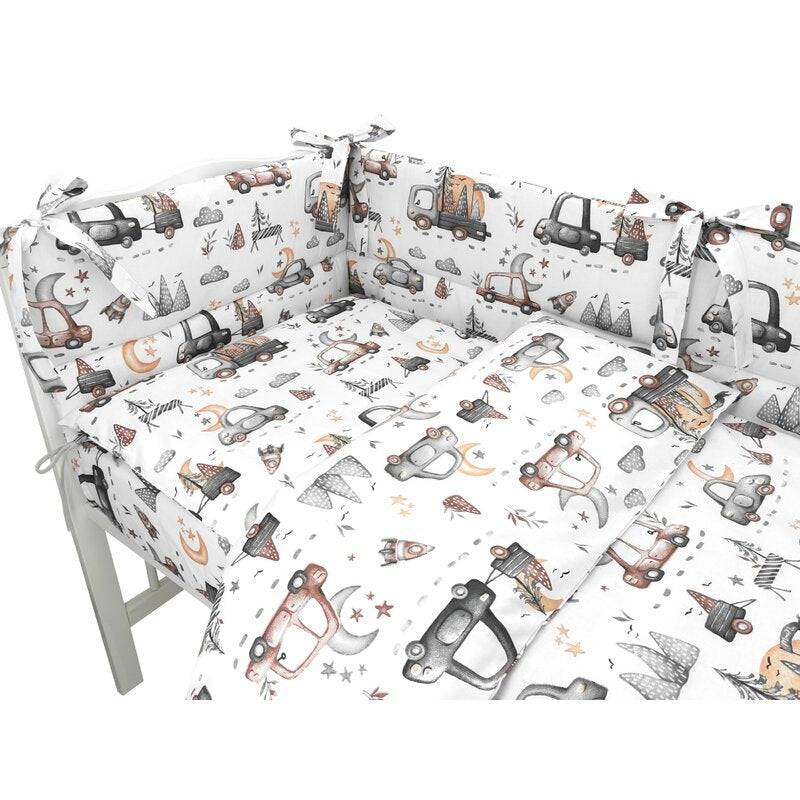 Lenjerie patut cu 3 piese, MimiNu, Pentru patut 120x60 cm, Cu protectie laterala, Din bumbac certificat Oeko Tex Standard 100, Design, Cars Grey - gogobaby.ro