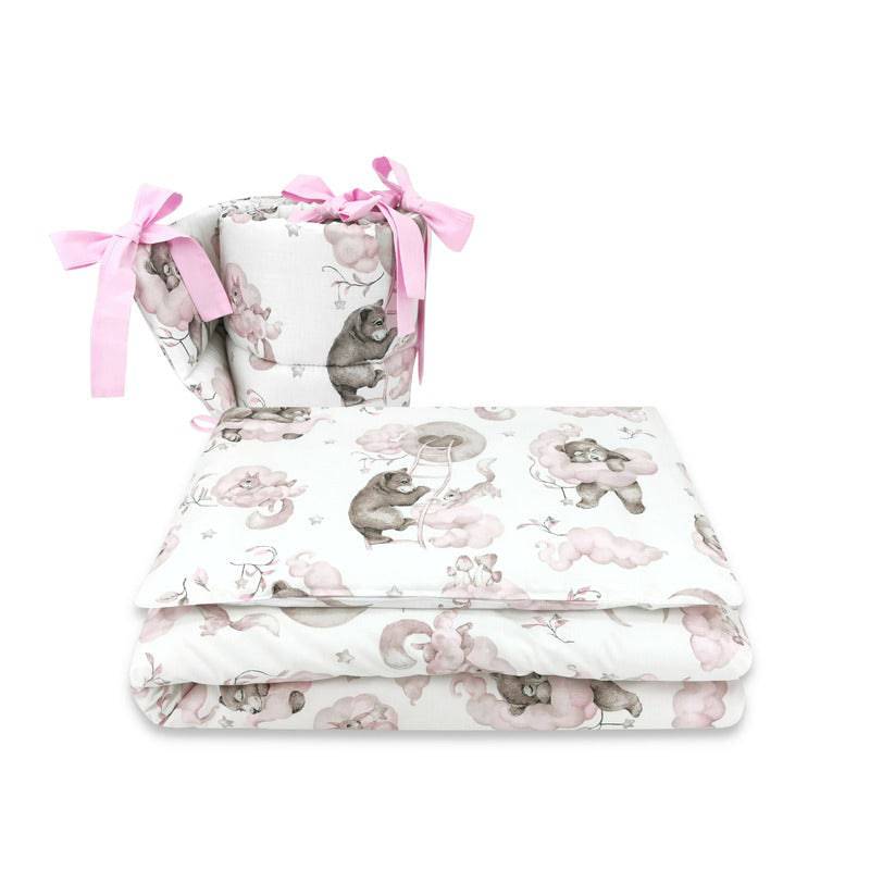 Lenjerie patut 3 piese, Qmini, Pentru patut 140x70 cm, Cu protectie laterala, Din bumbac certificat Oeko Tex Standard 100, Teddy Bear and Friends Pink - gogobaby.ro