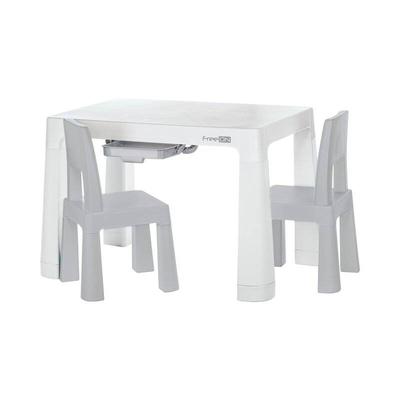 Set masuta si doua scaune, FreeON, Neo, Pentru copii, Cu doua sertare, Cu masa reglabila la doua inaltimi, Conform cu standardele europene de securitate EN71-1;2018, EN71-2:2020, EN71-3:2021, Gri