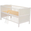 Patut din lemn bebe, Transformabil si pentru junior, 140x70 cm, Din lemn de pin si mdf, Stabil si rezistent, Inaltime saltea reglabila pe 3 nivele, Laterala cu 3 bete detasabile, EN716-1, EN716-2, Alb, Babyneeds, Nadia + Saltea 12 cm