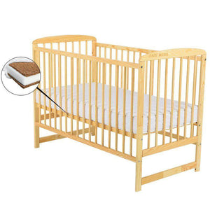 Patut din lemn bebe, 120x60 cm, Din lemn de pin, Stabil si rezistent, Inaltime saltea reglabila pe 3 nivele, Laterala cu 3 bete detasabil, EN716-1, EN716-2, Natur, Babyneeds, Ola + Saltea 8 cm - gogobaby.ro