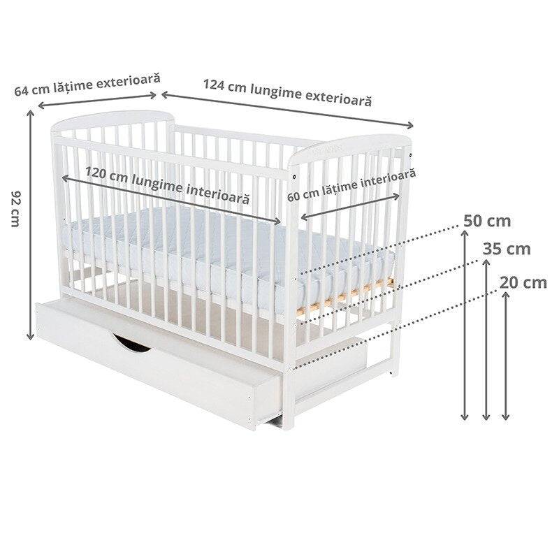 Patut din lemn bebe, 120x60 cm, Cu sertar cu capac, Din lemn de pin si mdf, Stabil si rezistent, Inaltime saltea reglabila pe 3 nivele, Laterala cu 3 bete detasabile, EN716-1, EN716-2, Alb, Babyneeds, Ola + Saltea 8 cm - gogobaby.ro