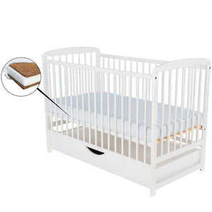 Patut din lemn bebe, 120x60 cm, Cu sertar cu capac, Din lemn de pin si mdf, Stabil si rezistent, Inaltime saltea reglabila pe 3 nivele, Laterala cu 3 bete detasabile, EN716-1, EN716-2, Alb, Babyneeds, Ola + Saltea 8 cm - gogobaby.ro