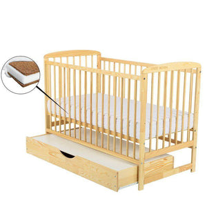 Patut din lemn bebe, 120x60 cm, Cu sertar cu capac, Din lemn de pin si mdf, Stabil si rezistent, Inaltime saltea reglabila pe 3 nivele, Laterala cu 3 bete detasabile, EN716-1, EN716-2, Natur, Babyneeds, Ola + Saltea 8 cm - gogobaby.ro