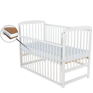Patut din lemn bebe, 120x60 cm, Cu laterala culisanta, Din lemn de pin, Stabil si rezistent, Inaltime saltea reglabila pe 3 nivele, Laterala cu 3 bete detasabile, EN716-1, EN716-2, Alb, Babyneeds, Ola + Saltea 8 cm - gogobaby.ro