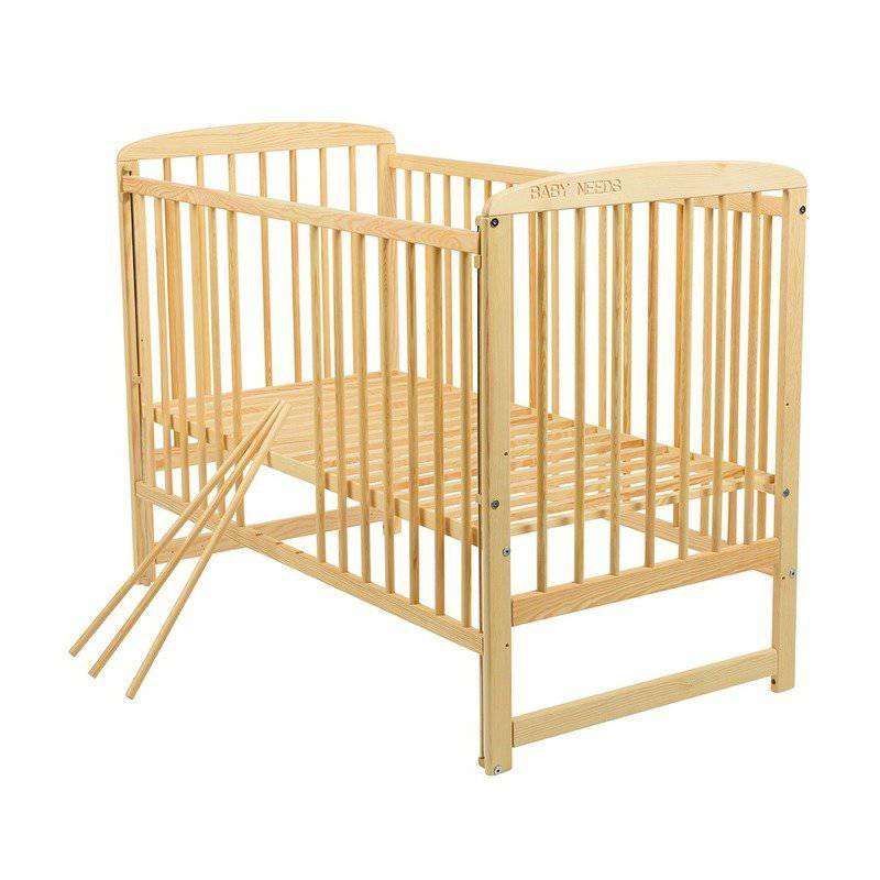 Patut din lemn bebe, 120x60 cm, Cu laterala culisanta, Din lemn de pin, Stabil si rezistent, Inaltime saltea reglabila pe 3 nivele, Laterala cu 3 bete detasabile, EN716-1, EN716-2, Natur, Babyneeds, Ola + Saltea 8 cm - gogobaby.ro