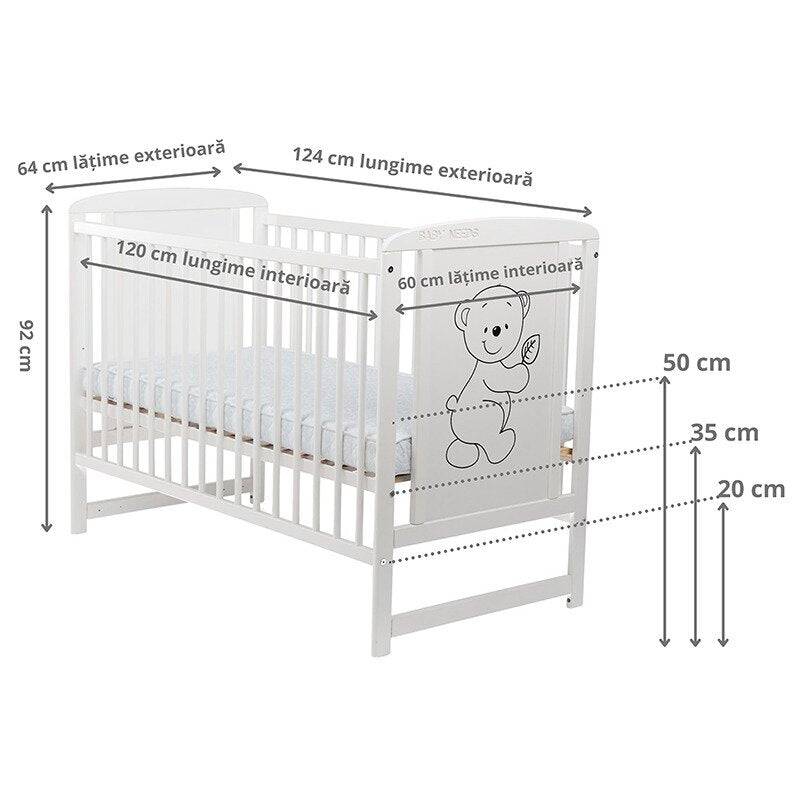 Patut din lemn bebe, 120x60 cm, Din lemn de pin si mdf, Stabil si rezistent, Inaltime saltea reglabila pe 3 nivele, Laterala cu 3 bete detasabile, EN716-1, EN716-2, Alb, Babyneeds, Timmi + Saltea 8 cm - gogobaby.ro