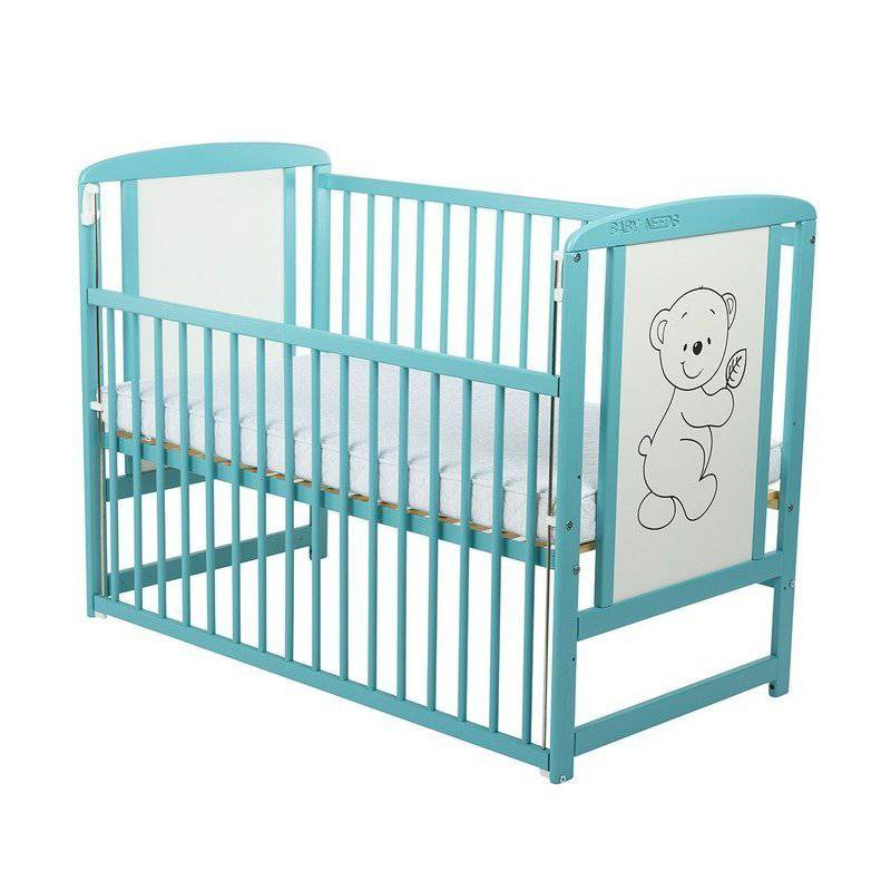 Patut din lemn bebe, 120x60 cm, Cu laterala culisanta, Din lemn de pin si mdf, Stabil si rezistent, Inaltime saltea reglabila pe 3 nivele, Laterala cu 3 bete detasabile, EN716-1, EN716-2, Mint, Babyneeds, Timmi + Saltea 8 cm - gogobaby.ro