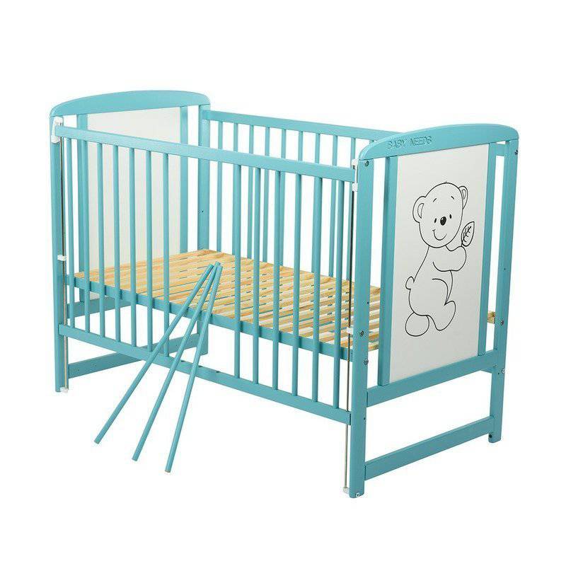 Patut din lemn bebe, 120x60 cm, Cu laterala culisanta, Din lemn de pin si mdf, Stabil si rezistent, Inaltime saltea reglabila pe 3 nivele, Laterala cu 3 bete detasabile, EN716-1, EN716-2, Mint, Babyneeds, Timmi + Saltea 8 cm - gogobaby.ro
