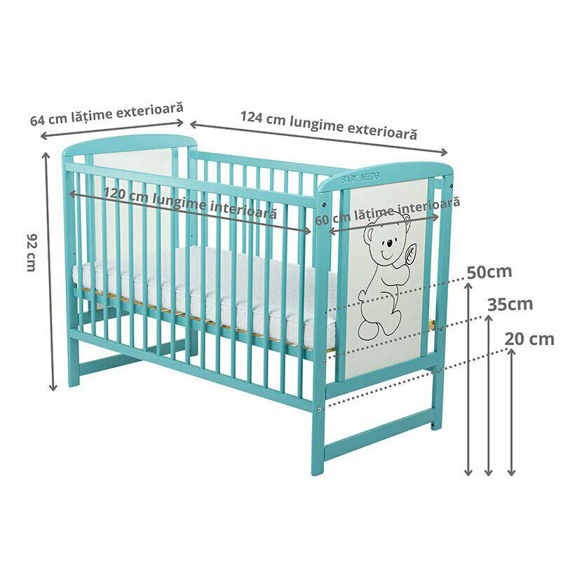 Patut din lemn bebe, 120x60 cm, Cu laterala culisanta, Din lemn de pin si mdf, Stabil si rezistent, Inaltime saltea reglabila pe 3 nivele, Laterala cu 3 bete detasabile, EN716-1, EN716-2, Mint, Babyneeds, Timmi + Saltea 8 cm - gogobaby.ro