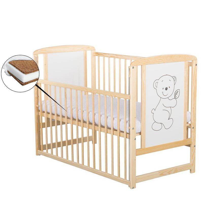 Patut din lemn bebe, 120x60 cm, Cu laterala culisanta, Din lemn de pin si mdf, Stabil si rezistent, Inaltime saltea reglabila pe 3 nivele, Laterala cu 3 bete detasabile, EN716-1, EN716-2, Natur, Babyneeds, Timmi + Saltea 8 cm - gogobaby.ro