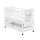 Patut din lemn bebe, 120x60 cm, Cu sertar, Din lemn de pin si mdf, Stabil si rezistent, Inaltime saltea reglabila pe 3 nivele, Laterala cu 3 bete detasabile, EN716-1, EN716-2, Alb, Qmini, Timmi Elephant