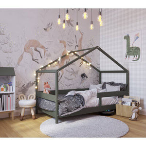 Patut tip casuta din lemn junior, 160x80 cm, Din lemn certificat FSC, Transformabil in casuta de joaca, Cu bariera de protectie, In stil scandinav, Verde, YappyKids, YappyHytte Bed - gogobaby.ro