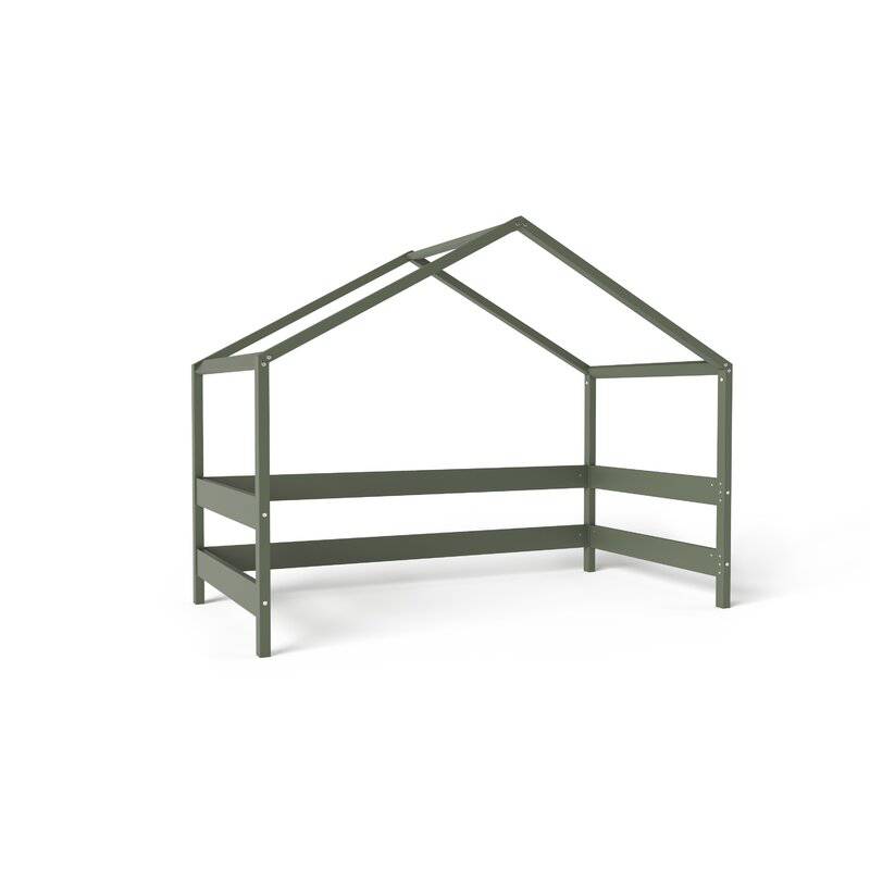 Patut tip casuta din lemn junior, 160x80 cm, Din lemn certificat FSC, Transformabil in casuta de joaca, Cu bariera de protectie, In stil scandinav, Verde, YappyKids, YappyHytte Bed - gogobaby.ro
