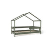 Patut tip casuta din lemn junior, 160x80 cm, Din lemn certificat FSC, Transformabil in casuta de joaca, Cu bariera de protectie, In stil scandinav, Verde, YappyKids, YappyHytte Bed
