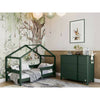 Patut tip casuta din lemn junior, 160x80 cm, Din lemn certificat FSC, Transformabil in casuta de joaca, Cu bariera de protectie, In stil scandinav, Verde, YappyKids, YappyHytte Bed