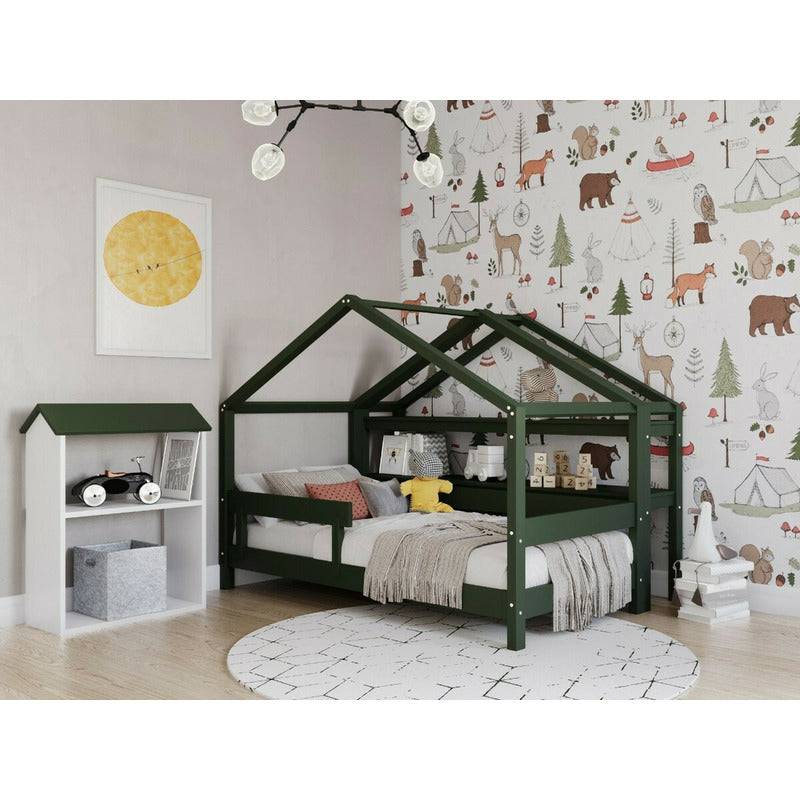 Patut tip casuta din lemn junior, 160x80 cm, Din lemn certificat FSC, Transformabil in casuta de joaca, Cu bariera de protectie, In stil scandinav, Verde, YappyKids, YappyHytte Bed - gogobaby.ro