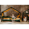 Patut tip casuta din lemn junior, 160x80 cm, Din lemn certificat FSC, Transformabil in casuta de joaca, Cu bariera de protectie, In stil scandinav, Verde, YappyKids, YappyHytte Bed