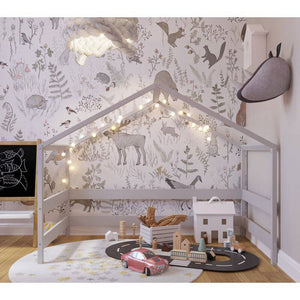 Patut tip casuta din lemn junior, 160x80 cm, Din lemn certificat FSC, Transformabil in casuta de joaca, Cu bariera de protectie, In stil scandinav, Gri, YappyKids, YappyHytte Bed - gogobaby.ro