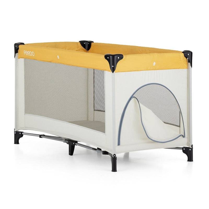 Patut de calatorie, Feedo, Pliabil, Cu geanta de transport inclusa, Cu intrare laterala si inchidere prin fermoar, Greutate maxima suportata 15 kg, 0-30 luni, Galben - gogobaby.ro