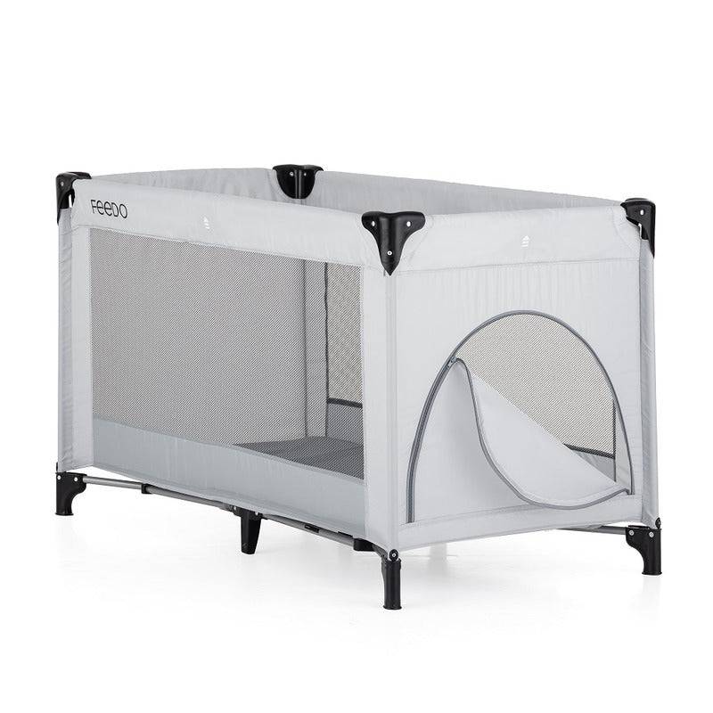 Patut de calatorie, Feedo, Pliabil, Cu geanta de transport inclusa, Cu intrare laterala si inchidere prin fermoar, Greutate maxima suportata 15 kg, 0-30 luni, Gri deschis - gogobaby.ro