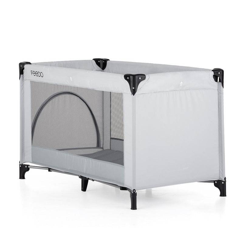 Patut de calatorie, Feedo, Pliabil, Cu geanta de transport inclusa, Cu intrare laterala si inchidere prin fermoar, Greutate maxima suportata 15 kg, 0-30 luni, Gri deschis - gogobaby.ro