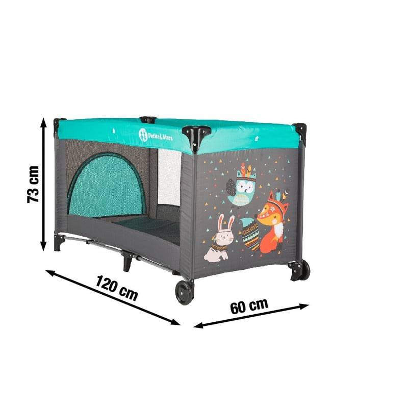Patut pliant, Petite&Mars, Cu un nivel, Cu intrare laterala cu fermoar, 2 roti, 120x60 cm, Conform cu standardele europene de securitate EN 716-1:207+AC:2019, EN 716-2:2017, EN 71-3:2019, Vulpita Turquoise - gogobaby.ro