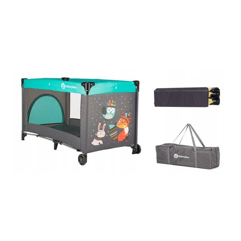 Patut pliant, Petite&Mars, Cu un nivel, Cu intrare laterala cu fermoar, 2 roti, 120x60 cm, Conform cu standardele europene de securitate EN 716-1:207+AC:2019, EN 716-2:2017, EN 71-3:2019, Vulpita Turquoise - gogobaby.ro