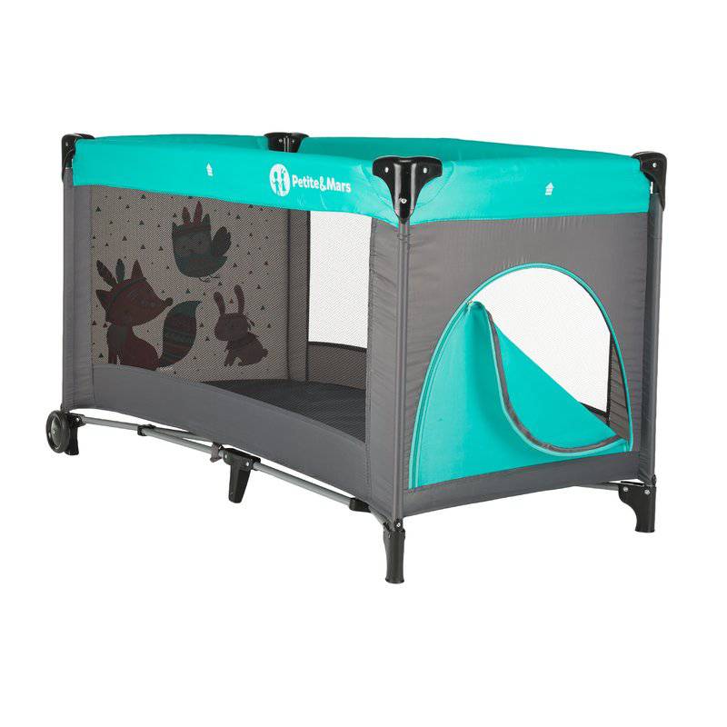 Patut pliant, Petite&Mars, Cu un nivel, Cu intrare laterala cu fermoar, 2 roti, 120x60 cm, Conform cu standardele europene de securitate EN 716-1:207+AC:2019, EN 716-2:2017, EN 71-3:2019, Vulpita Turquoise - gogobaby.ro