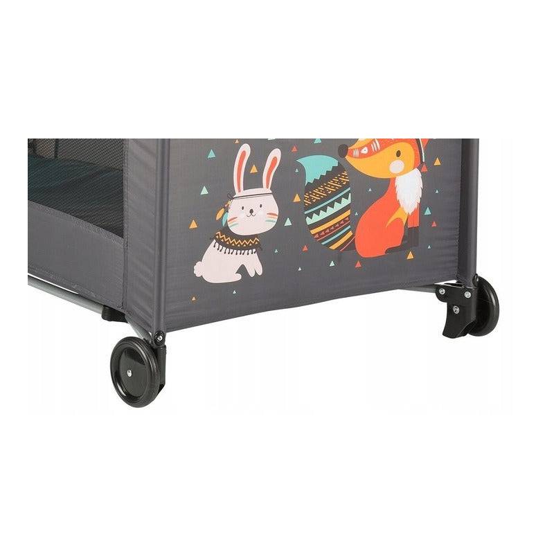 Patut pliant, Petite&Mars, Cu un nivel, Cu intrare laterala cu fermoar, 2 roti, 120x60 cm, Conform cu standardele europene de securitate EN 716-1:207+AC:2019, EN 716-2:2017, EN 71-3:2019, Vulpita Turquoise - gogobaby.ro