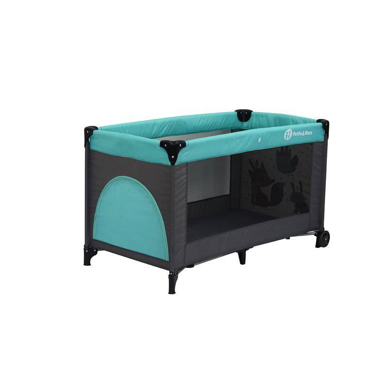 Patut pliant, Petite&Mars, Cu un nivel, Cu intrare laterala cu fermoar, 2 roti, 120x60 cm, Conform cu standardele europene de securitate EN 716-1:207+AC:2019, EN 716-2:2017, EN 71-3:2019, Vulpita Turquoise - gogobaby.ro