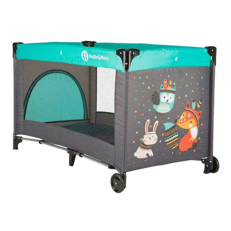 Patut pliant, Petite&Mars, Cu un nivel, Cu intrare laterala cu fermoar, 2 roti, 120x60 cm, Conform cu standardele europene de securitate EN 716-1:207+AC:2019, EN 716-2:2017, EN 71-3:2019, Vulpita Turquoise - gogobaby.ro