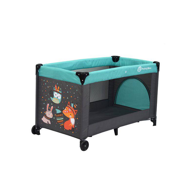 Patut pliant, Petite&Mars, Cu un nivel, Cu intrare laterala cu fermoar, 2 roti, 120x60 cm, Conform cu standardele europene de securitate EN 716-1:207+AC:2019, EN 716-2:2017, EN 71-3:2019, Vulpita Turquoise - gogobaby.ro