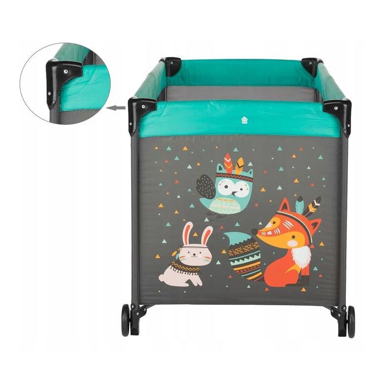 Patut pliant, Petite&Mars, Cu un nivel, Cu intrare laterala cu fermoar, 2 roti, 120x60 cm, Conform cu standardele europene de securitate EN 716-1:207+AC:2019, EN 716-2:2017, EN 71-3:2019, Vulpita Turquoise - gogobaby.ro