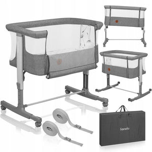 Patut co-sleeper, Lionelo, Aurora, 3 in 1, Cu leganare si setare unghiulara, Include saltea cu densitate T25 si geanta transport, Reglabil in 5 pozitii pe inaltime, Pana la 9 kg, 0 luni+, 85x60x66 cm, Conform cu EN 1130:2019+AC:2020, EN 16890:2, Gri - gogobaby.ro