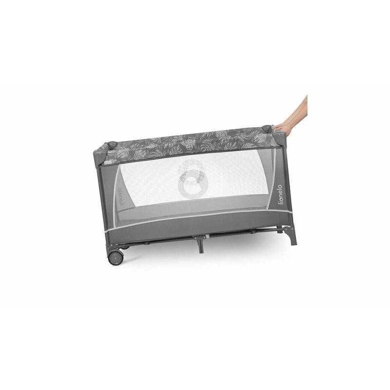 Patut pliant, Lionelo, Flower, Cu doua nivele, Cu arcada, Geanta transport, Masuta de infasat, Bara cu jucarii, Fereastra laterala, 120x60 cm, Conform cu standardele europeane de securitate EN 716 si EN12221, Gri - gogobaby.ro