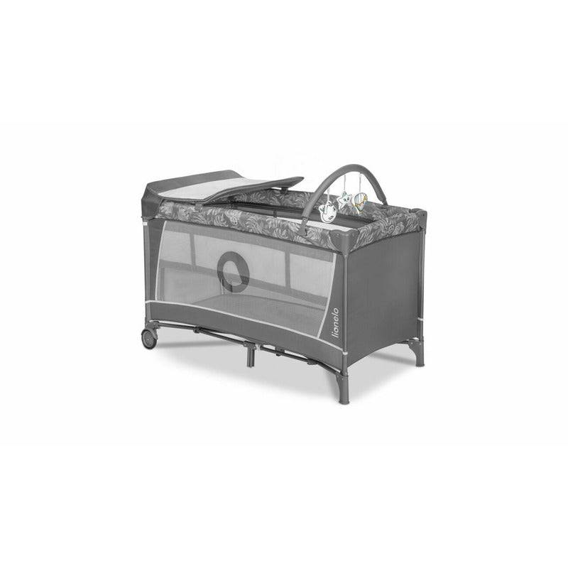 Patut pliant, Lionelo, Flower, Cu doua nivele, Cu arcada, Geanta transport, Masuta de infasat, Bara cu jucarii, Fereastra laterala, 120x60 cm, Conform cu standardele europeane de securitate EN 716 si EN12221, Gri - gogobaby.ro