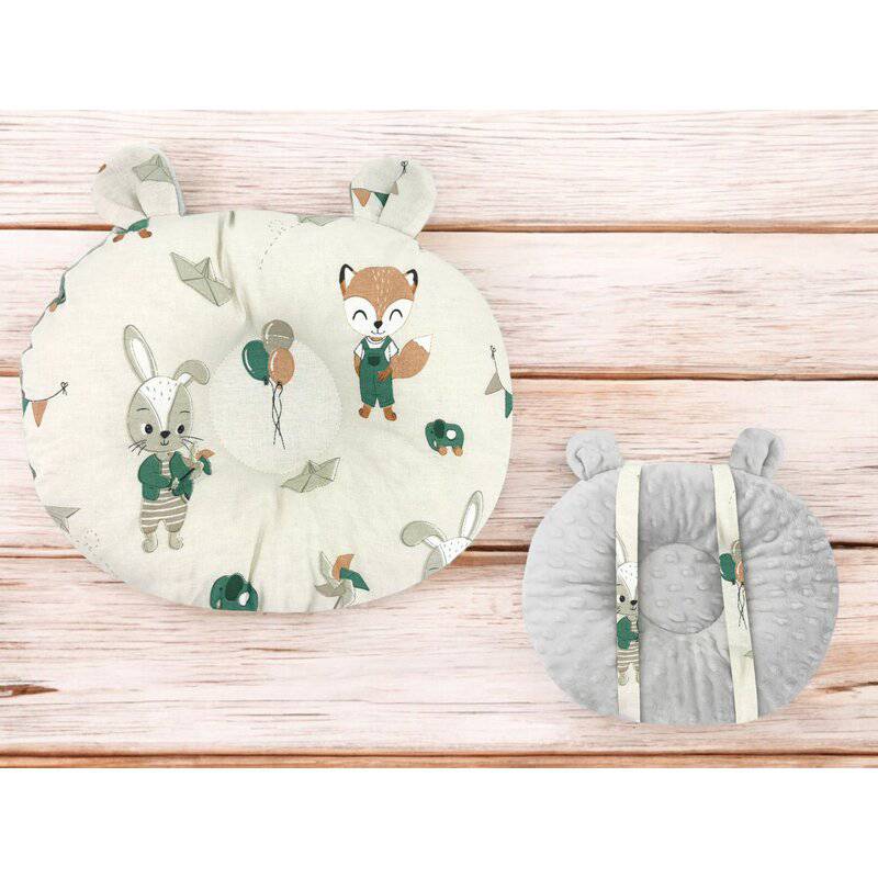 Perna bebelusi, Qmini, Ursulet, Multifunctionala, Cu doua fete, Tesatura pufoasa minky si bumbac, Materiale certificate Oeko Tex Standard 100, 30x23 cm, Minky Fox and Rabbit, Beige - gogobaby.ro