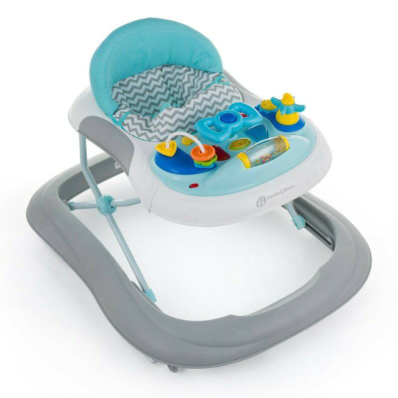 Premergator, Petite&Mars, Monty, Panou interactiv, Reglabil pe inaltime, Roti, Sustine 12 kg, Chevron Blue - gogobaby.ro