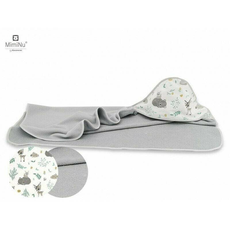Prosop cu gluga, MimiNu, Mare, Dimensiune 100x100 cm, Din bumbac si thermo fleece, Materiale certificate Oeko Tex Standard 100, Forest Friends Mint/Grey - gogobaby.ro