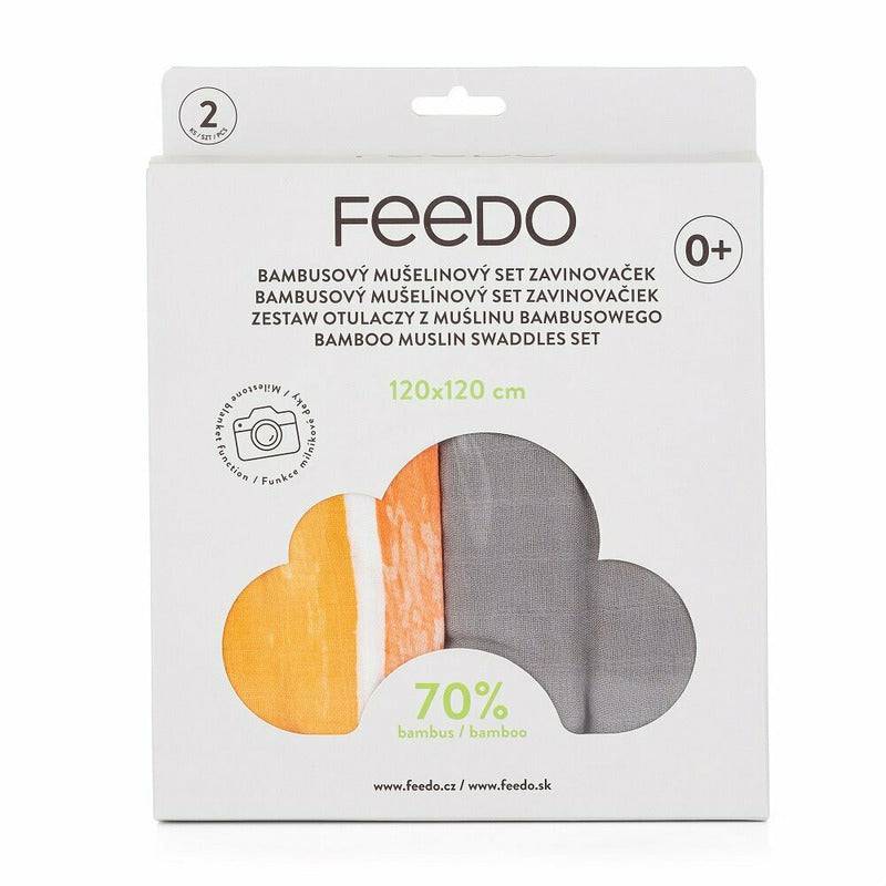 Set 2 museline, Feedo, Din bambus, Multifunctionale, Hipoalergenice, Cu indicator de varsta, Conform standardului european de securitate Oeko-Tex 100, Dimensiuni mari:120x120 cm, Multicolor - gogobaby.ro